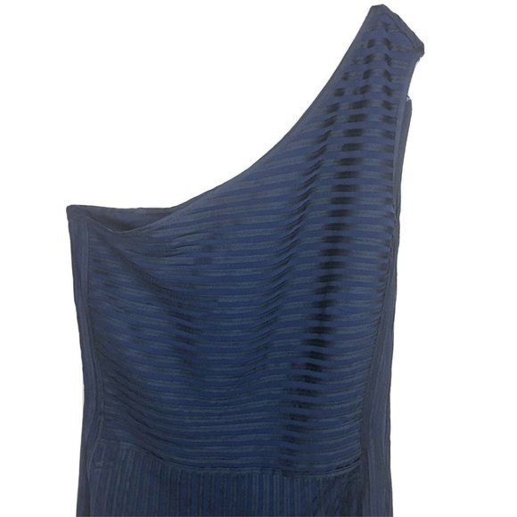 Adolfo Dominguez Designer Formal Midi Dress 6 One Shoulder Pintuck Navy Blue - Picture 4 of 14